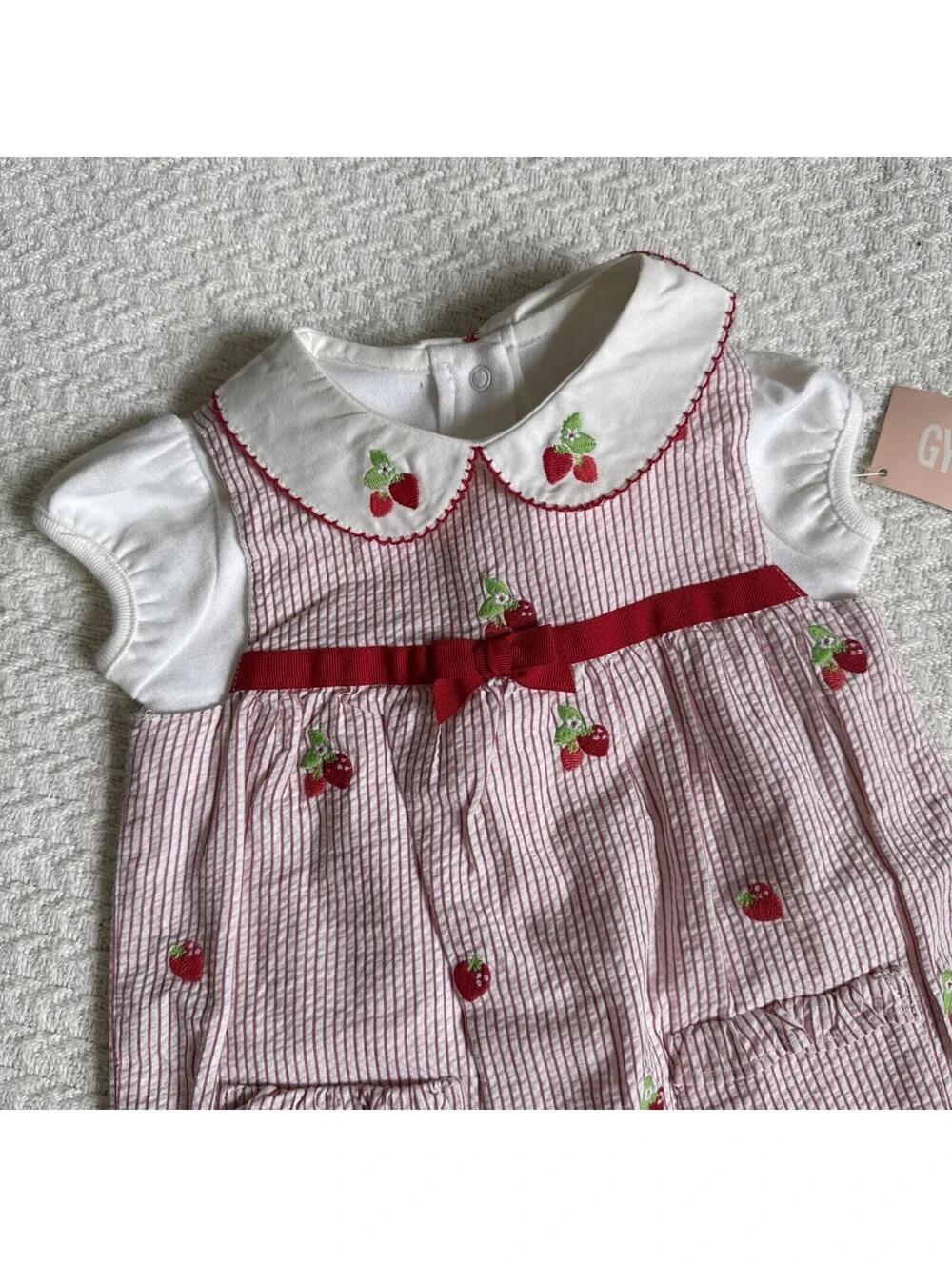NEW Gymboree Strawberry Stripe Girls Seersucker Shortall and Bodysuit Set 6-12M